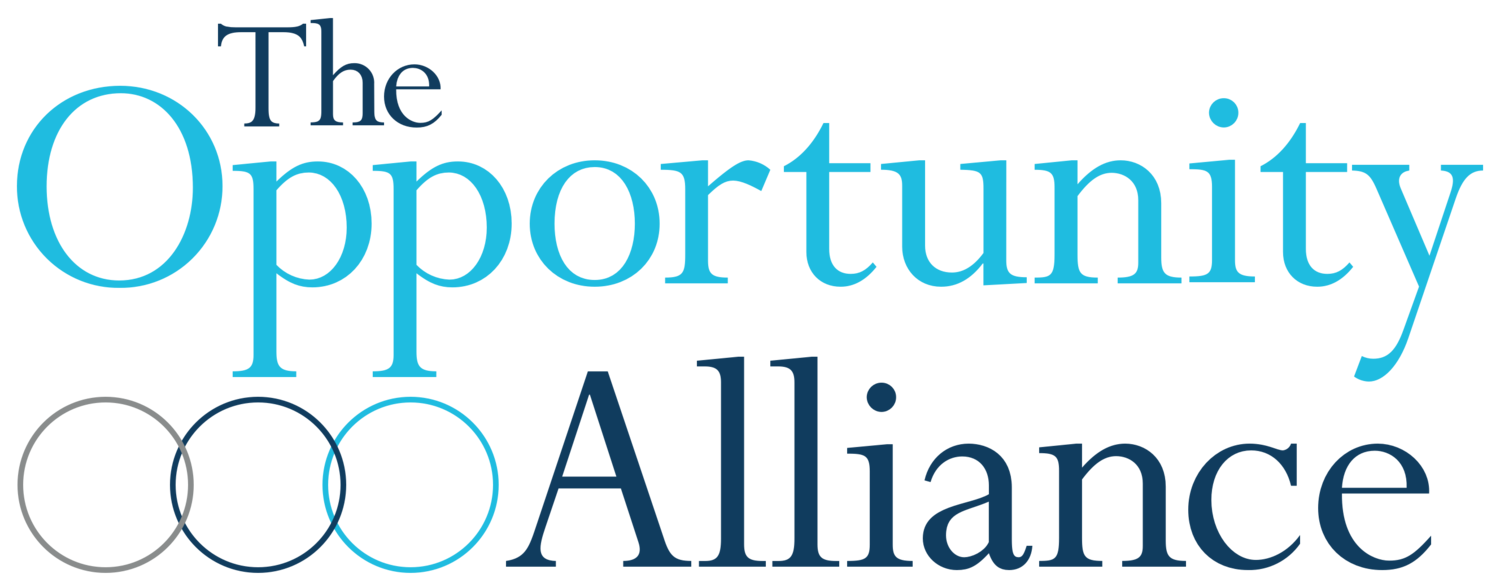 Logo for "The Opportunity Alliance" in blue script and block lettering.