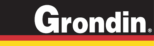 "Logo of Grondin with black background and red-yellow stripe."
