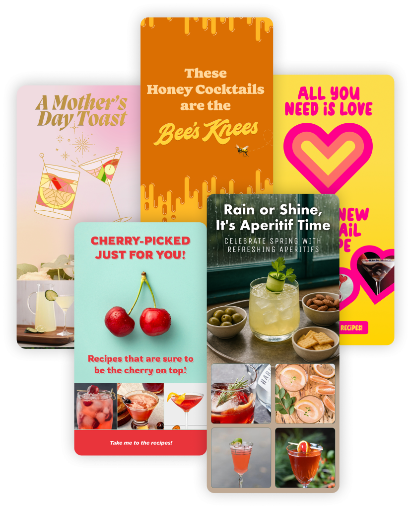 Colorful collage of drink recipes including cocktails and aperitifs with vibrant slogans.