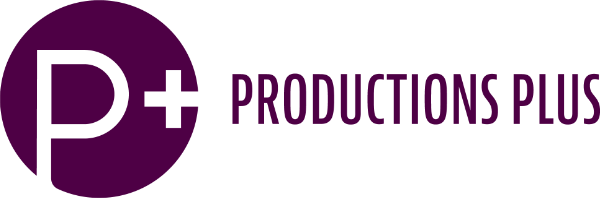 Logo of Productions Plus featuring a purple circle with a white "P+" and text beside it.