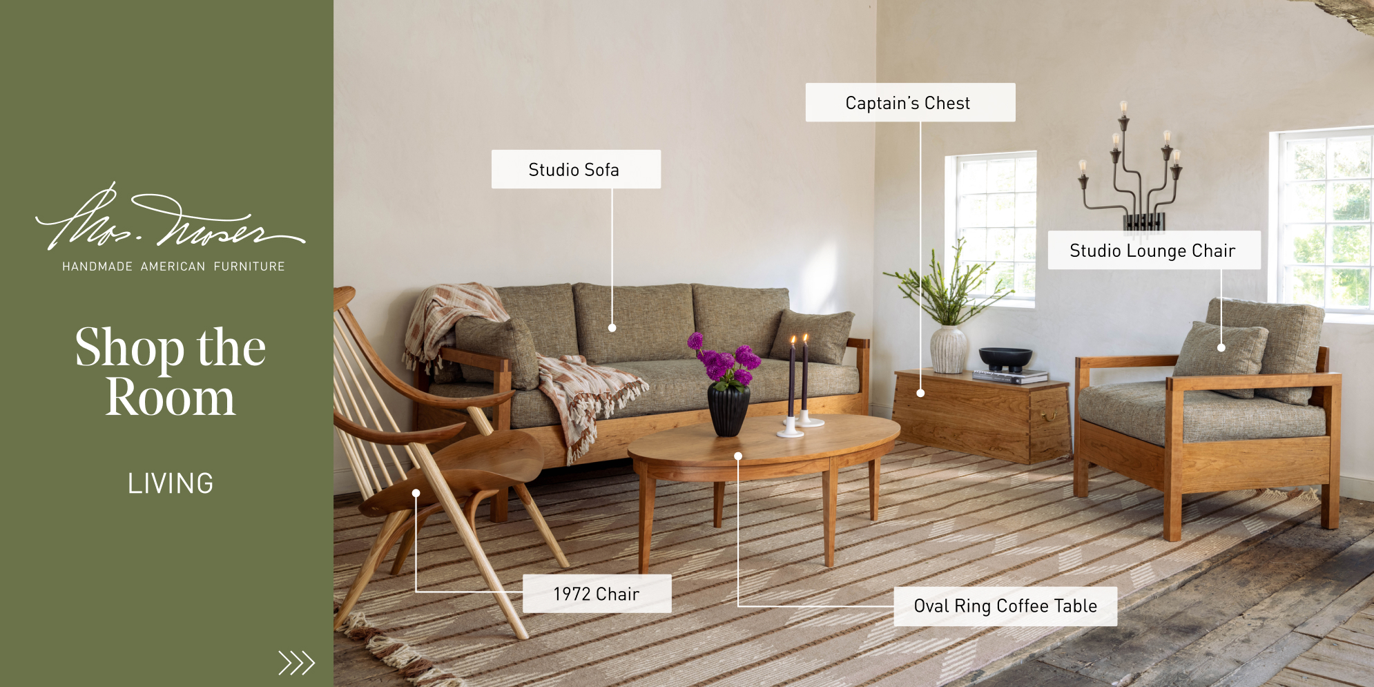 Interior design showcase with labeled furniture items in a stylish room.