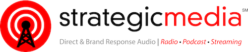 Logo of Strategic Media featuring a red and white broadcast signal icon and company services.