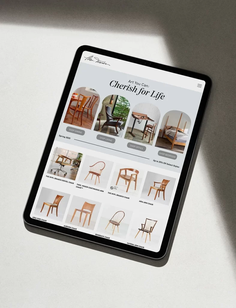 Thos. Moser website displayed on a tablet
