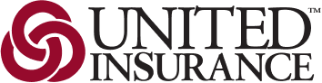 Logo of United Insurance featuring a stylized red spiral and black text.